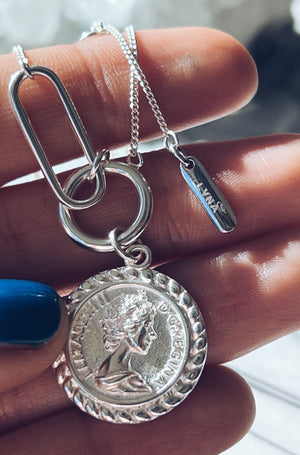 ELECTRA Sterling Silver Vintage Queen Elizabeth Coin Necklace
