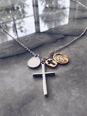 ELPIS Sterling Silver Cross and Virgin Mary Necklace